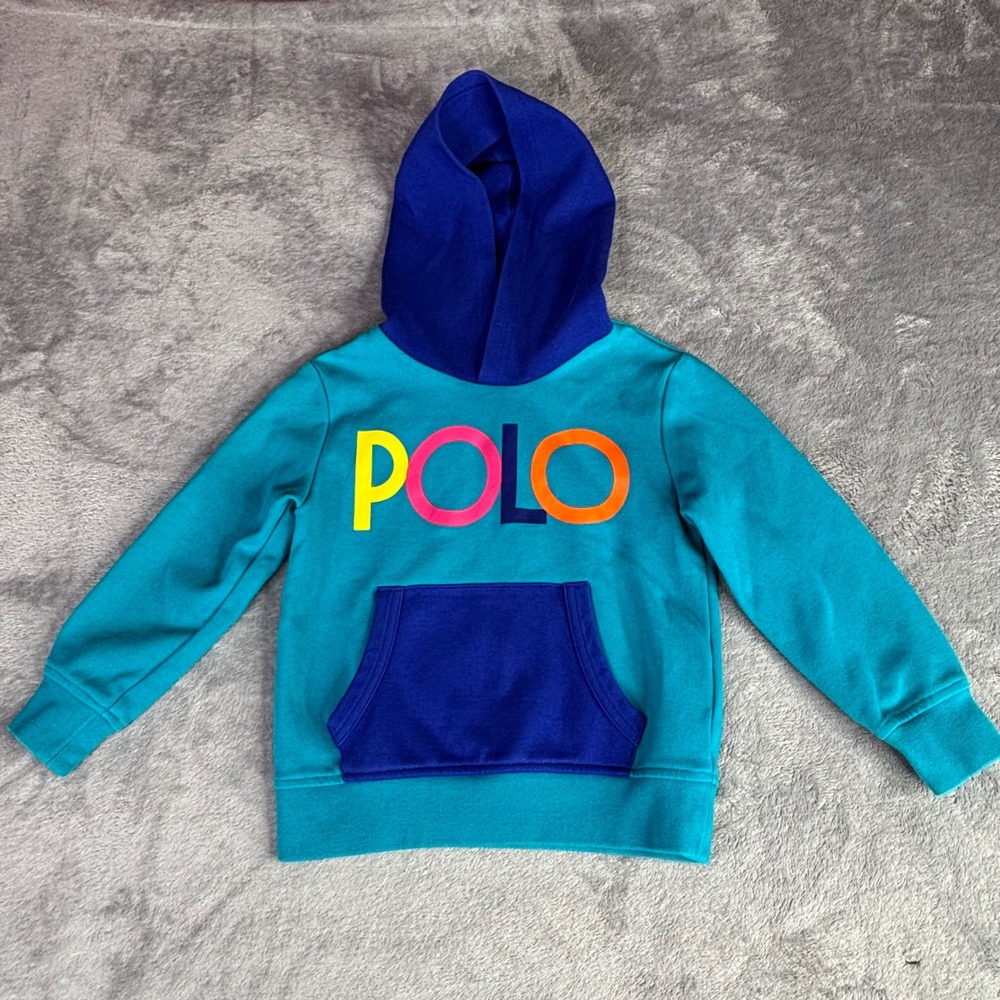 Polo Ralph Lauren Hoodie Kids 6 Teal Blue Multi‎ Color Graphic Fleece Pullover
